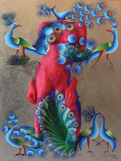 Malvina in Red and Peacocks